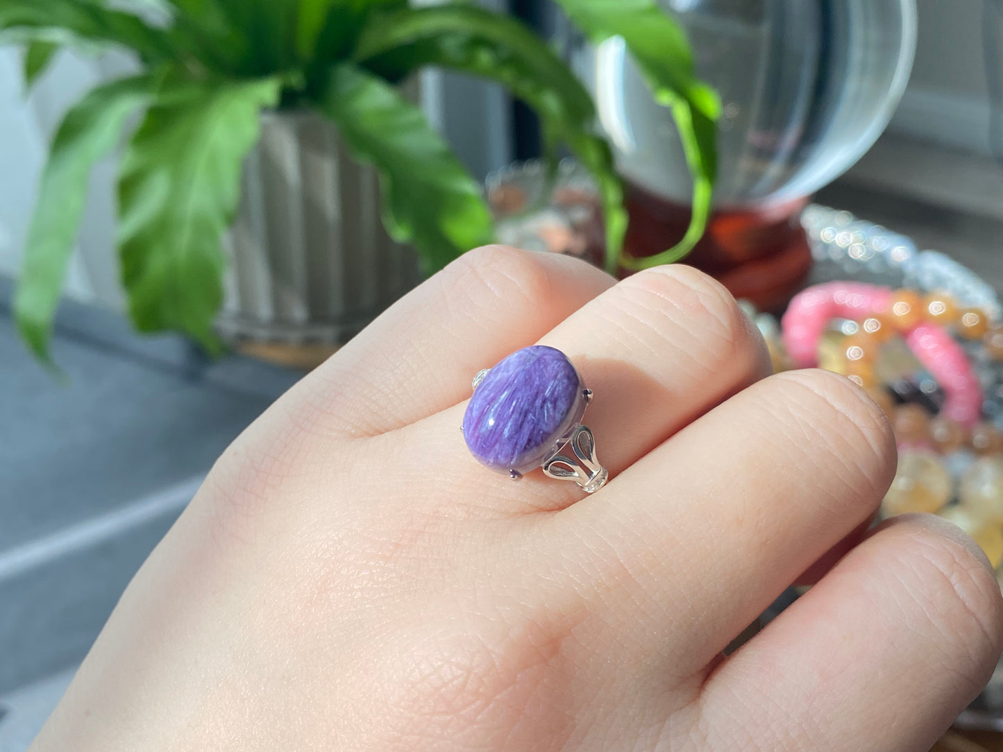 AAAAA Grade Purple Charoite,Flash Silky Fire Oval Shape Sterling Silver S925 Ring Prong setting Adjustable Ring