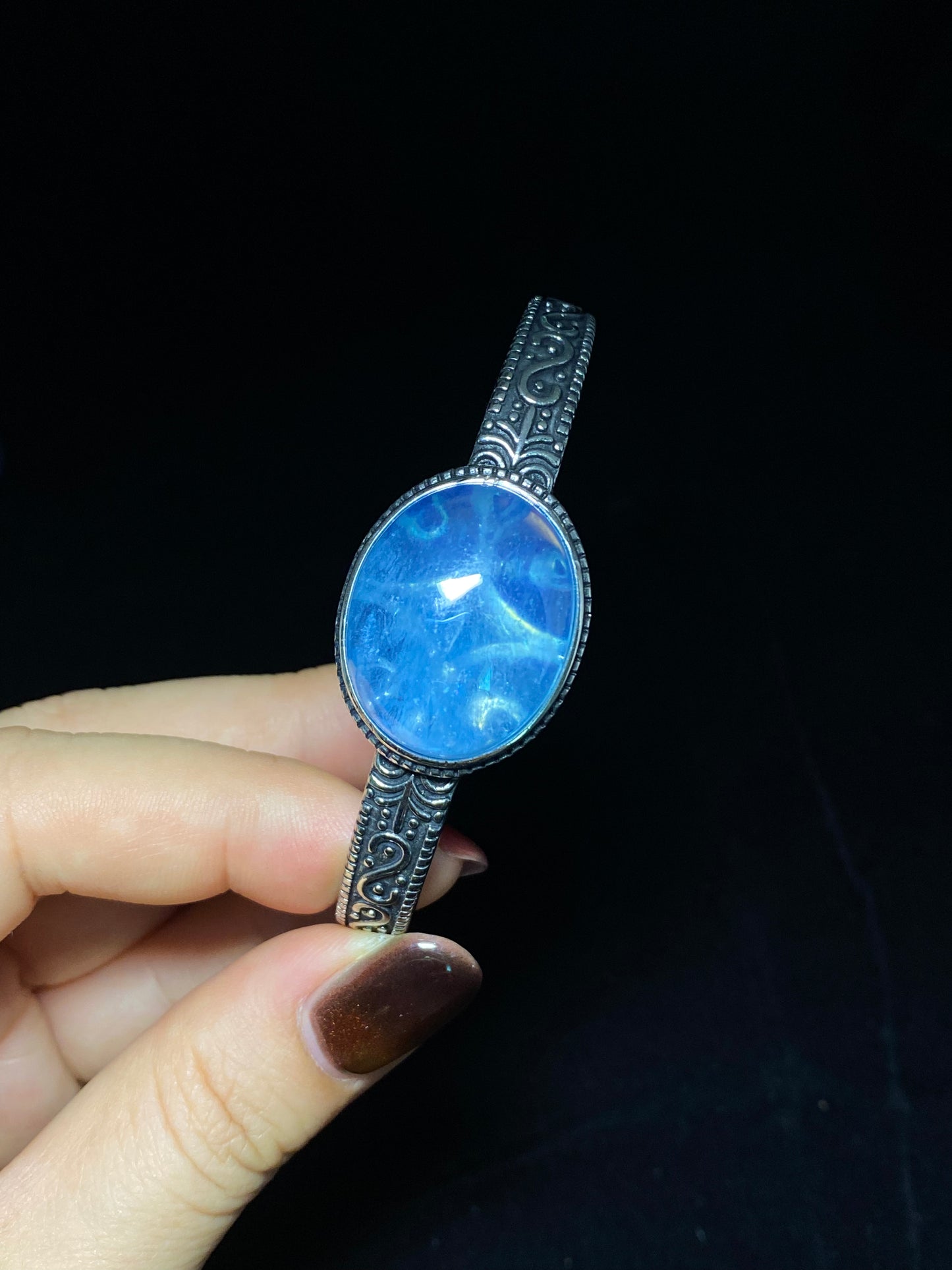 Hight Grade Big Surface ocean blue Aquamarine oval shape vintage open bangle bracelet gift for her gift for mom