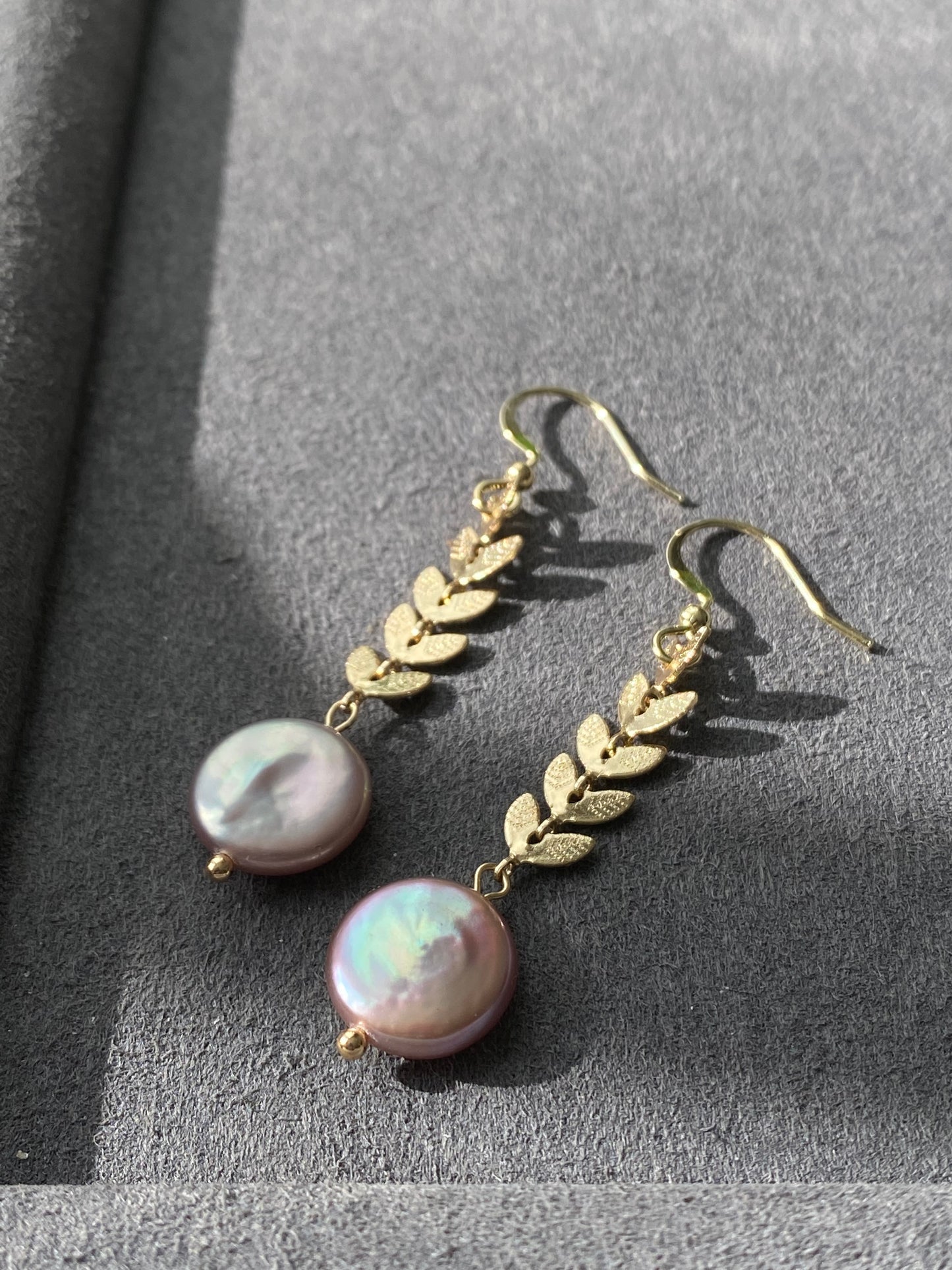 Natural Freshwater super shinning Purple Pink Baroque Pearls cookies round button 14k gold filled Leaf dangle drop,gift for her,Handmade Earring