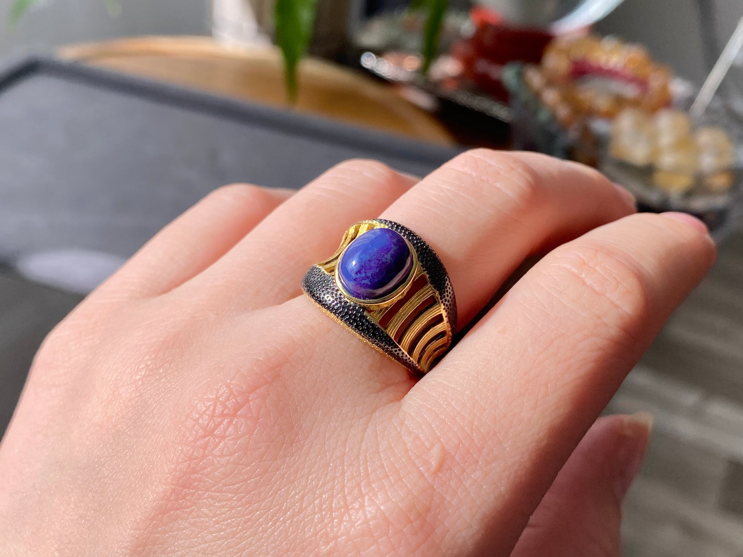 Natural High Grade Purple Pink Sugilite Mid Century Modern Vintage Sterling silver 14K Gold Adjustable Ring