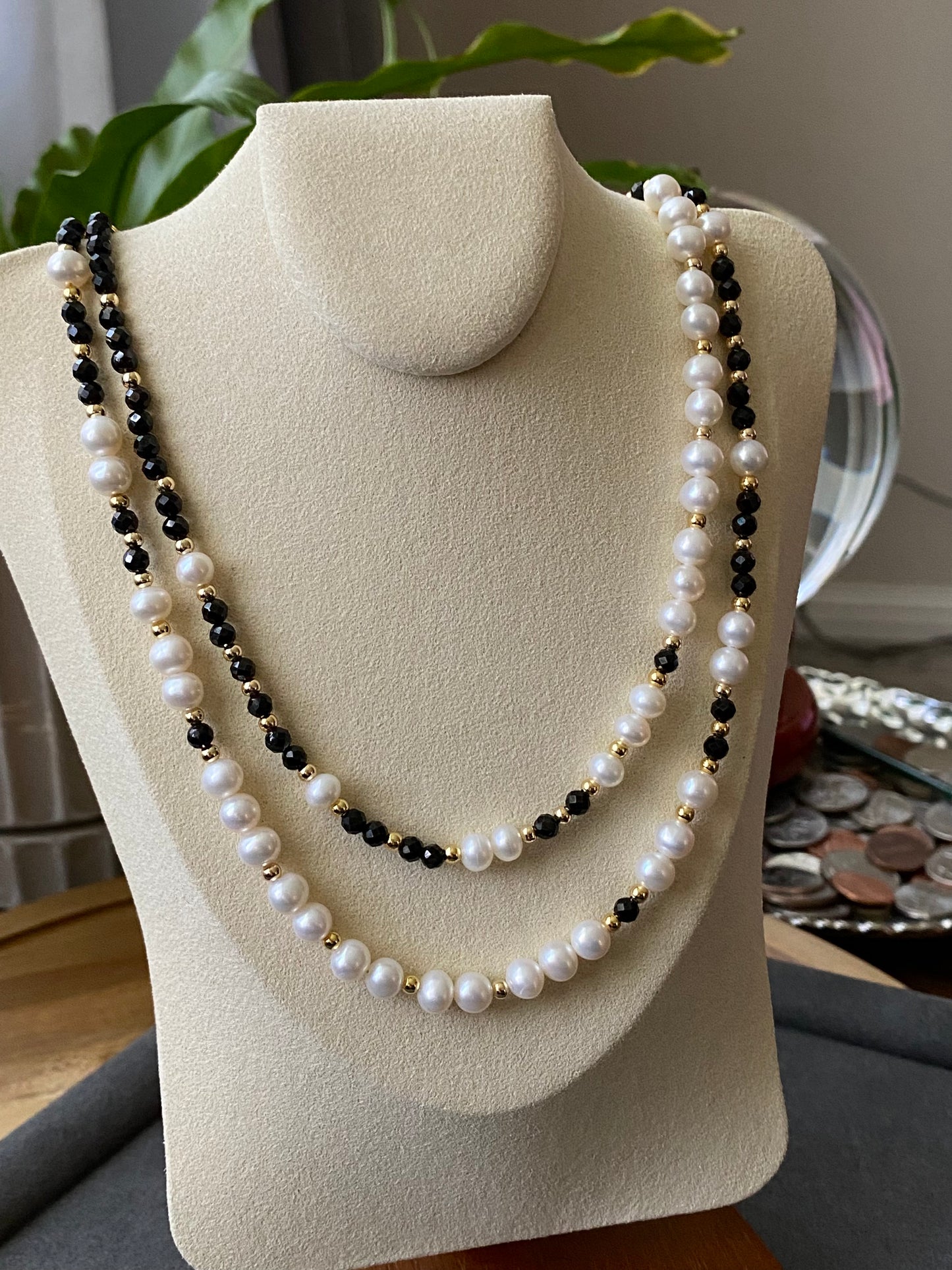 Natural Freshwater pearls with faceted Black Spinel 14K gold filled Handmade Necklace,gift for her, gift for him