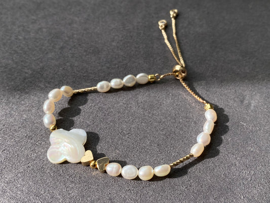 Natural Fresh water baroque Pearls with four leaf clover Mother of pearls 14K gold slide open Bracelet