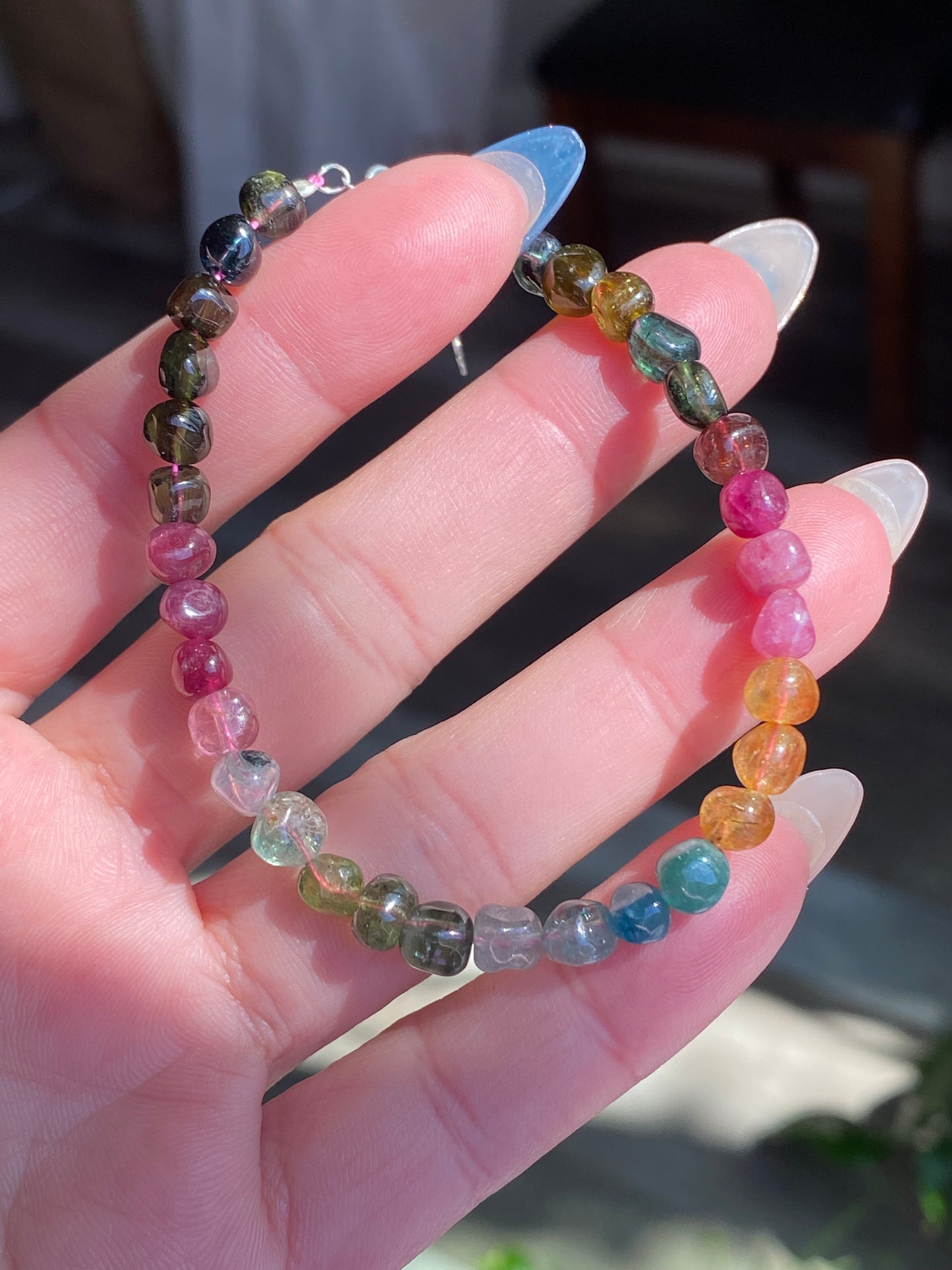 Rare Find High Grade  color standard irregular nuggets watermelon Rainbow Tourmaline Bead Bracelet 6mm,sterling silver,gift for herm