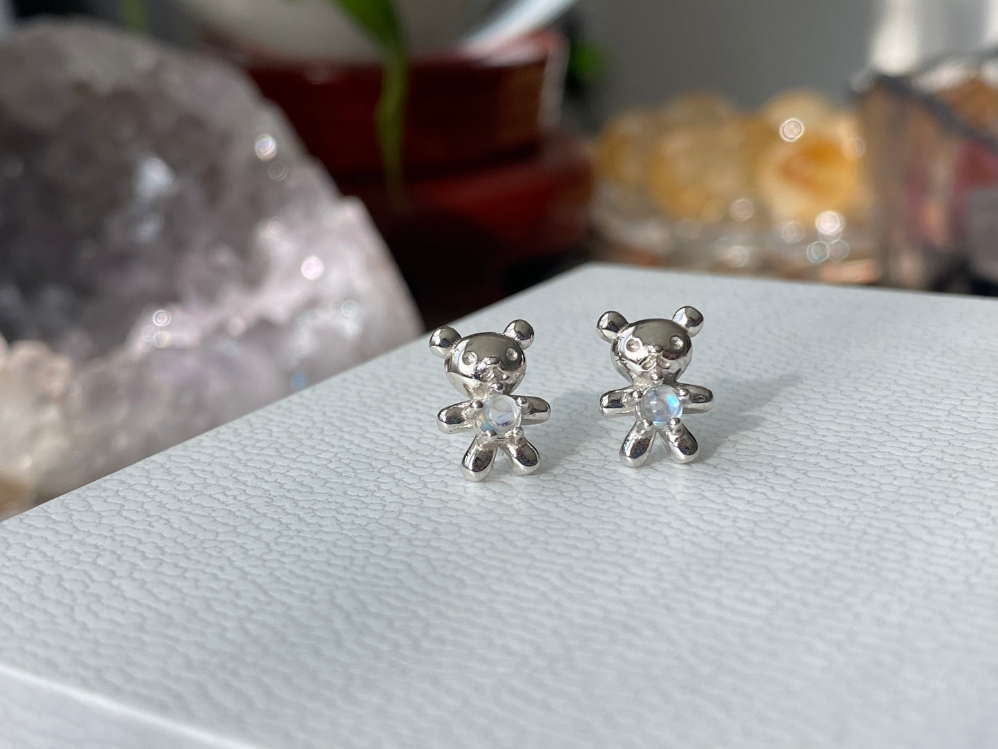 Natural Top Grade India Moonstone Blue Fire Sterling silver Bear earring stud