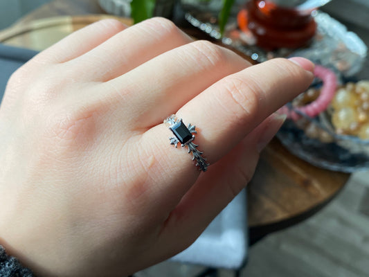 Natural Black Spinel Genuine Gemstone Rectangle Chrome Hearts Style Adjustable Ring