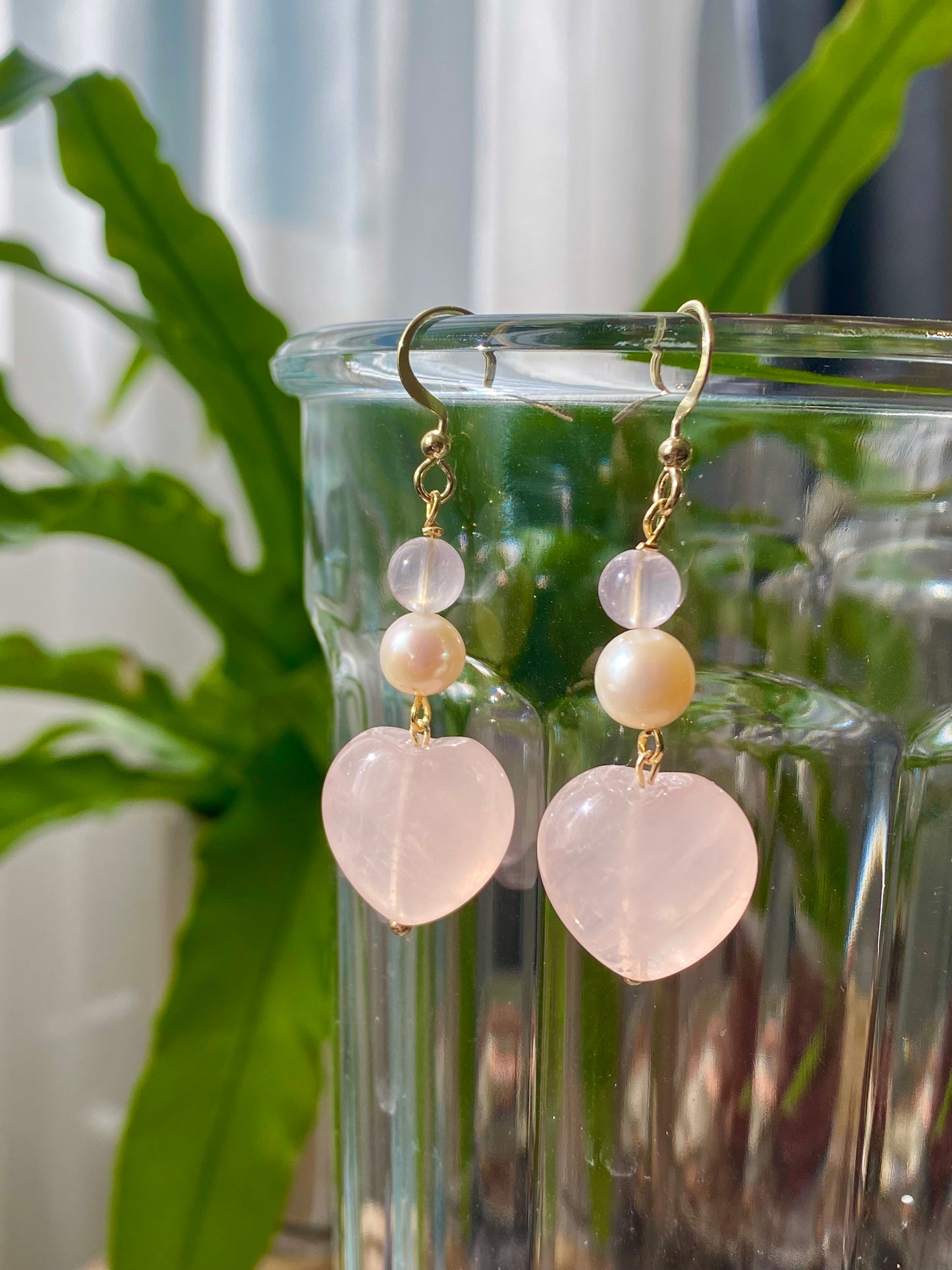 Natural AAA high quality Rose quartz cuty puffy heart shape drop dangle earring,Handmade Earring,Made in California