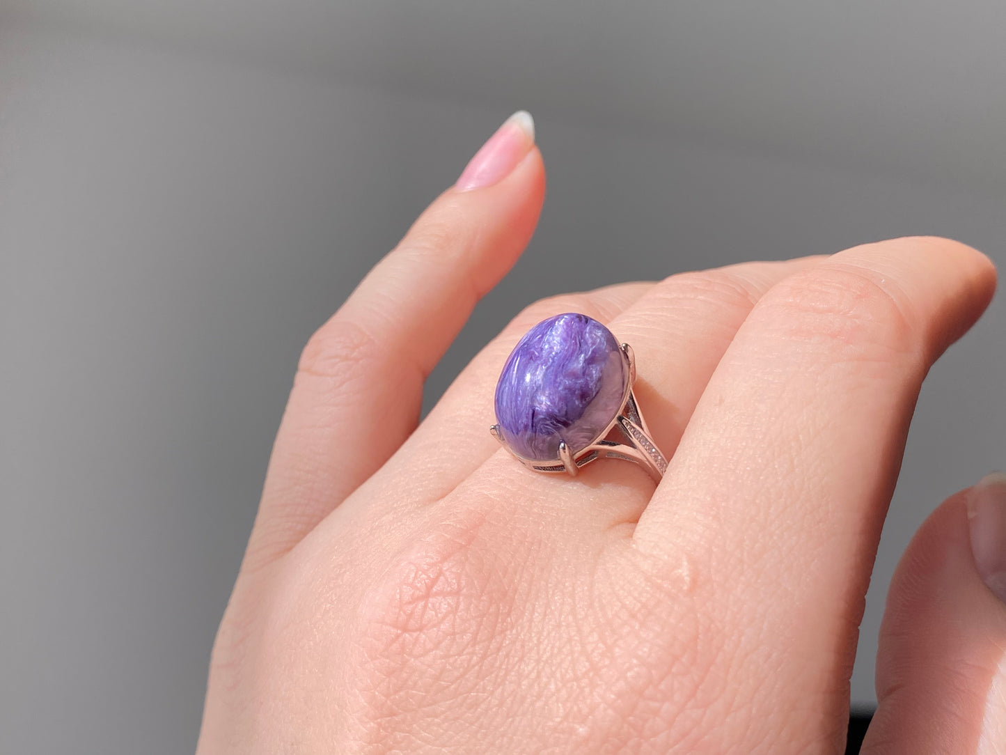 AAAAA Genuine Natural High Grade Silk Shin Purple Charoite,Cat Eyes Oval Shape sterling silver Adjustable Ring