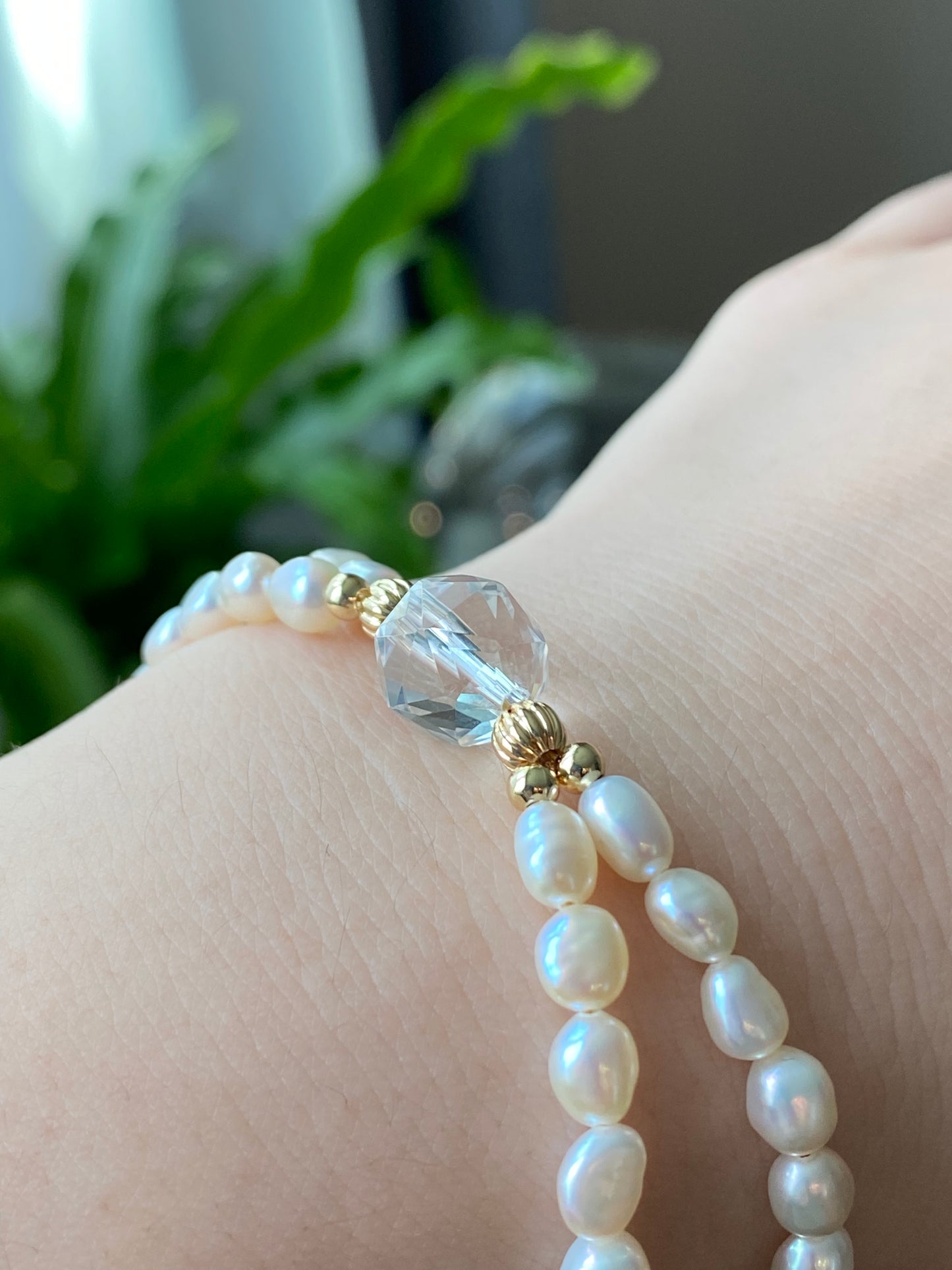 Natural freshwater super shinning irregular double Baroque Pearls with facted White crystal Beaded Bracelet, wedding bracelet,Anniversary Gift