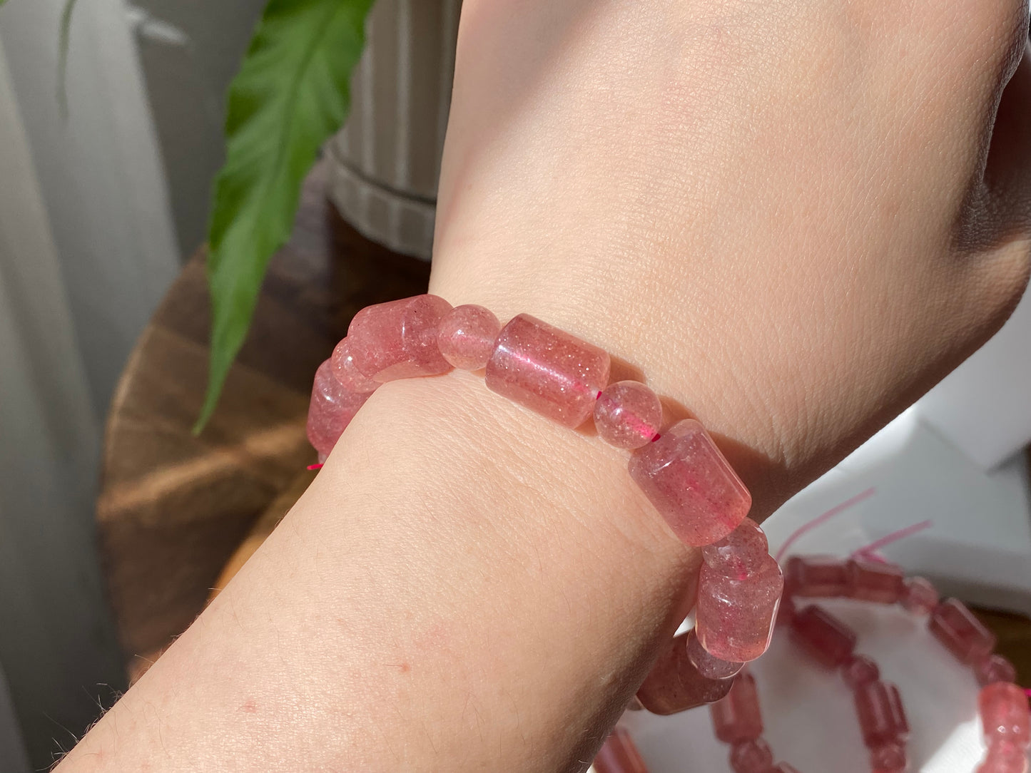 AAAA Grade Rainbow Fire Natural Strawberry quartz  Barrel Round Bead bracelet Joy,healing crystal