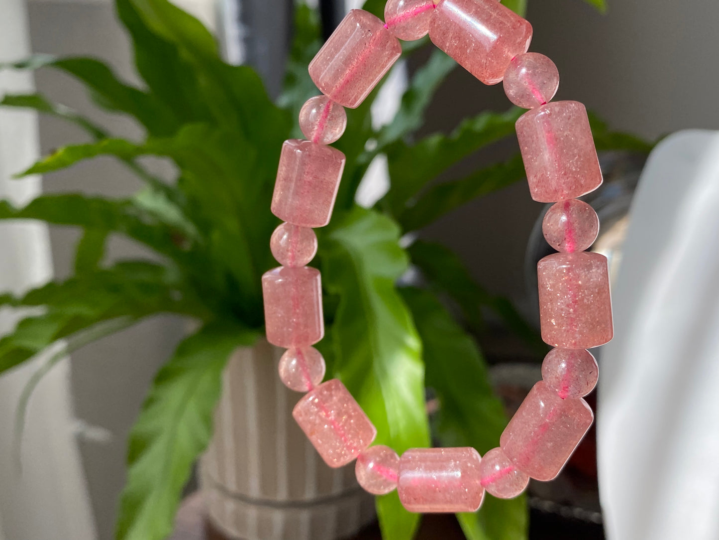 AAAA Grade Rainbow Fire Natural Strawberry quartz  Barrel Round Bead bracelet Joy,healing crystal