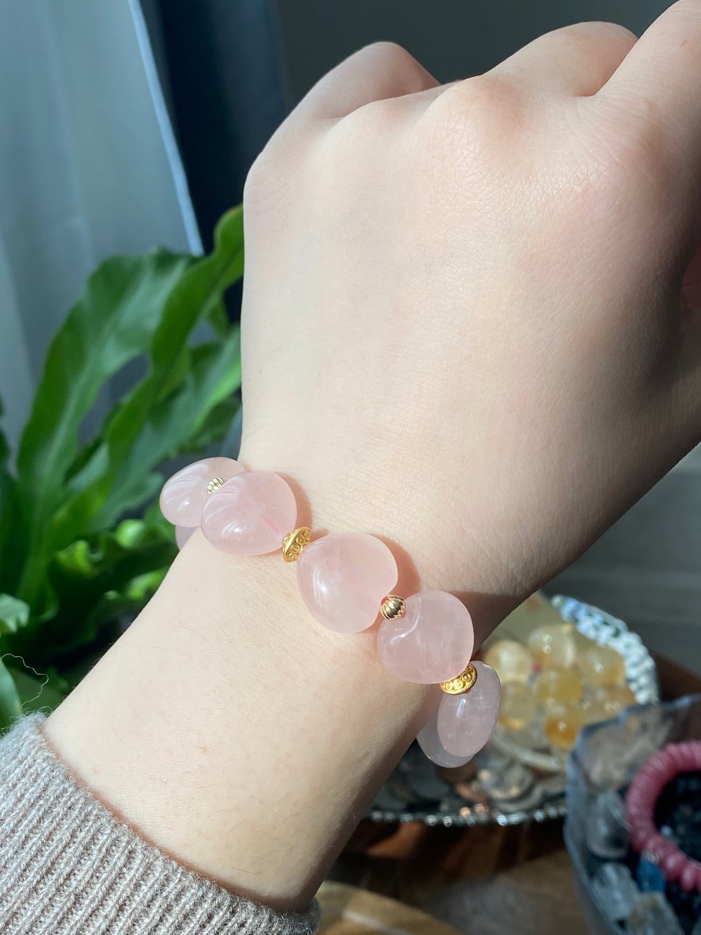 Natural AAA high quality Rose quartz cuty puffy heart shape,bow bead Bracelet,Valentine's gift, gift for her,Love and relationships