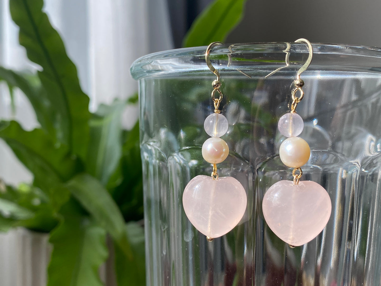 Natural AAA high quality Rose quartz cuty puffy heart shape drop dangle earring,Handmade Earring,Made in California