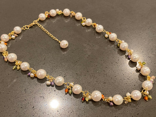 Natural Freshwater Pearl White round 8-9MM Baroque Pearls with rainbow colorful facted Crystal 14K gold Necklace