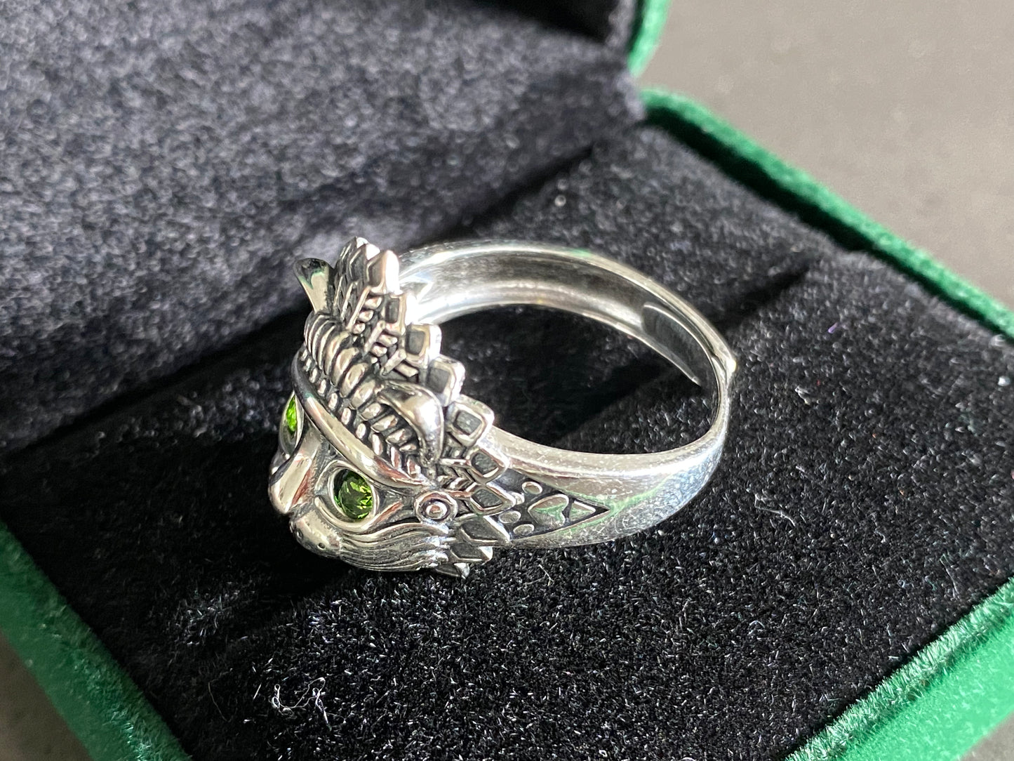 Natural Green Emerald Sterling Silver American Indian Lion Head Adjustable Ring,gift for her, gift for him