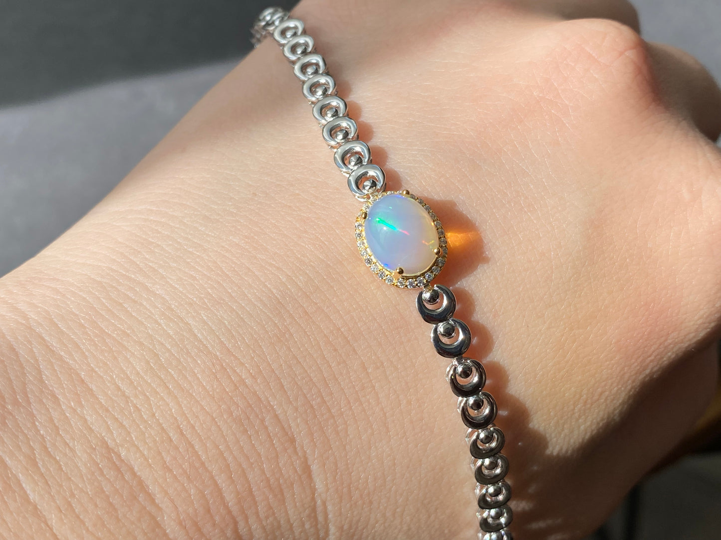 Super shinning Natural Shinning Green Blue fire Opal Oval Shape Moon and Sun Sterling silver bracelet, gift for her,anniversary gift