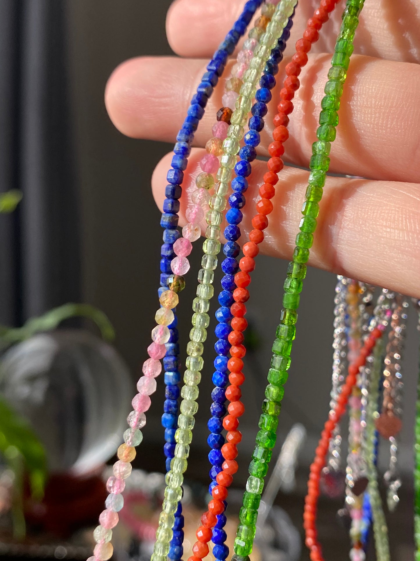 Natural Faceted Gemstone,Green Diopside,Tourmaline,Peridot,lapis lazuli,South Red Agate,Triple Wrap Bracelet,Long necklace