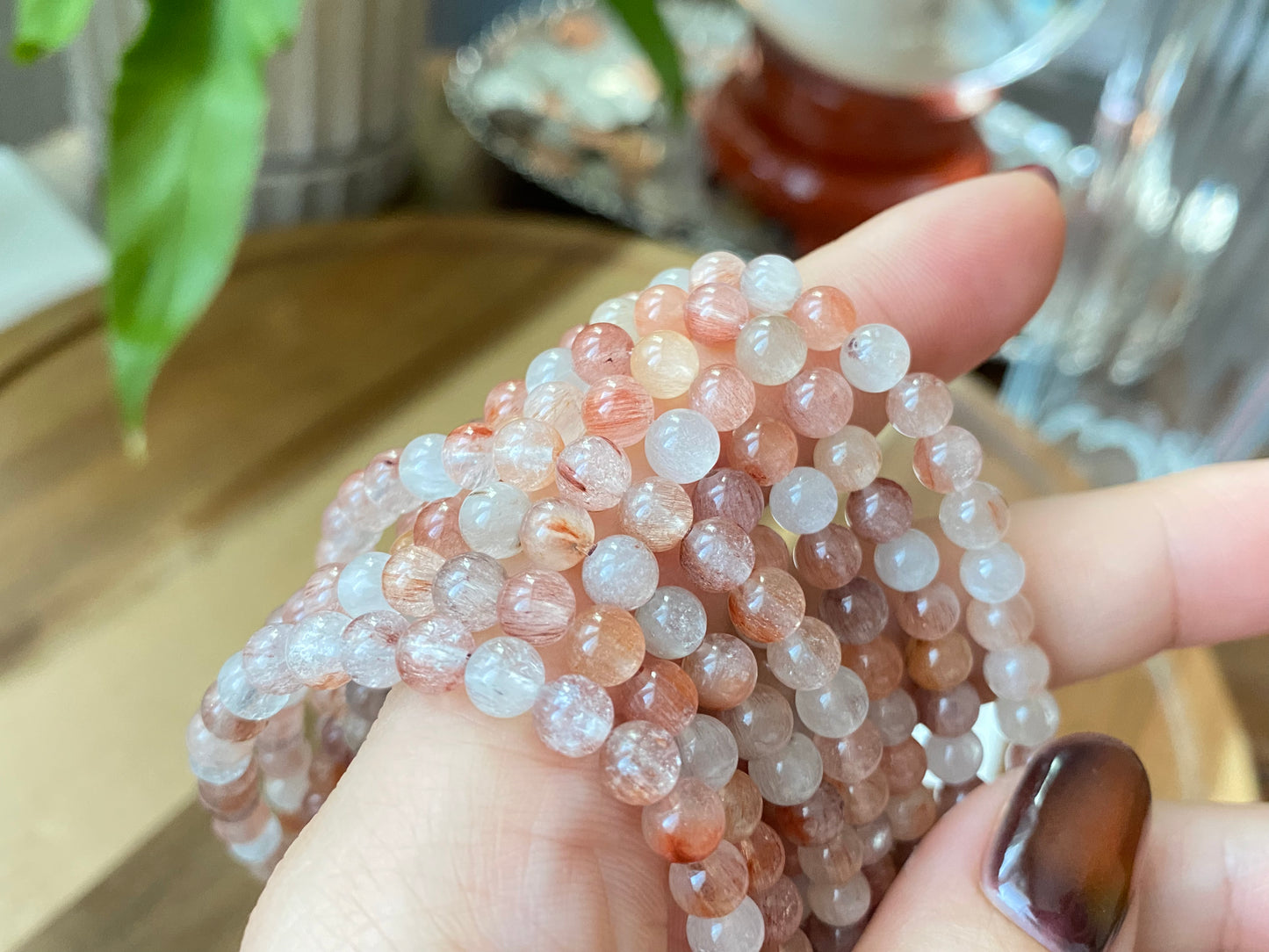 AAAA Grade Natural Rutilated Quartz White Pink Red rabbit Rutilated crystal bead bracelet 5mm+ Negative Energy Clearing and Protection