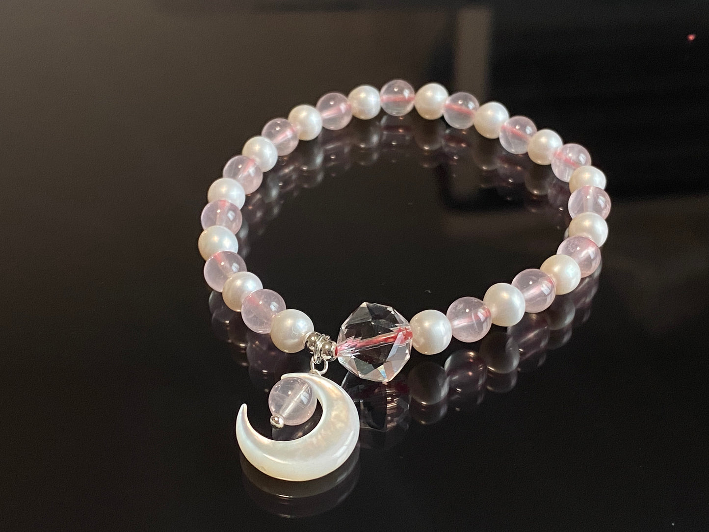 Love with Crescent Moon Rose Quartz freshwater pearls faceted clear quartz handmade bracelet, gift for her,Valentine gift