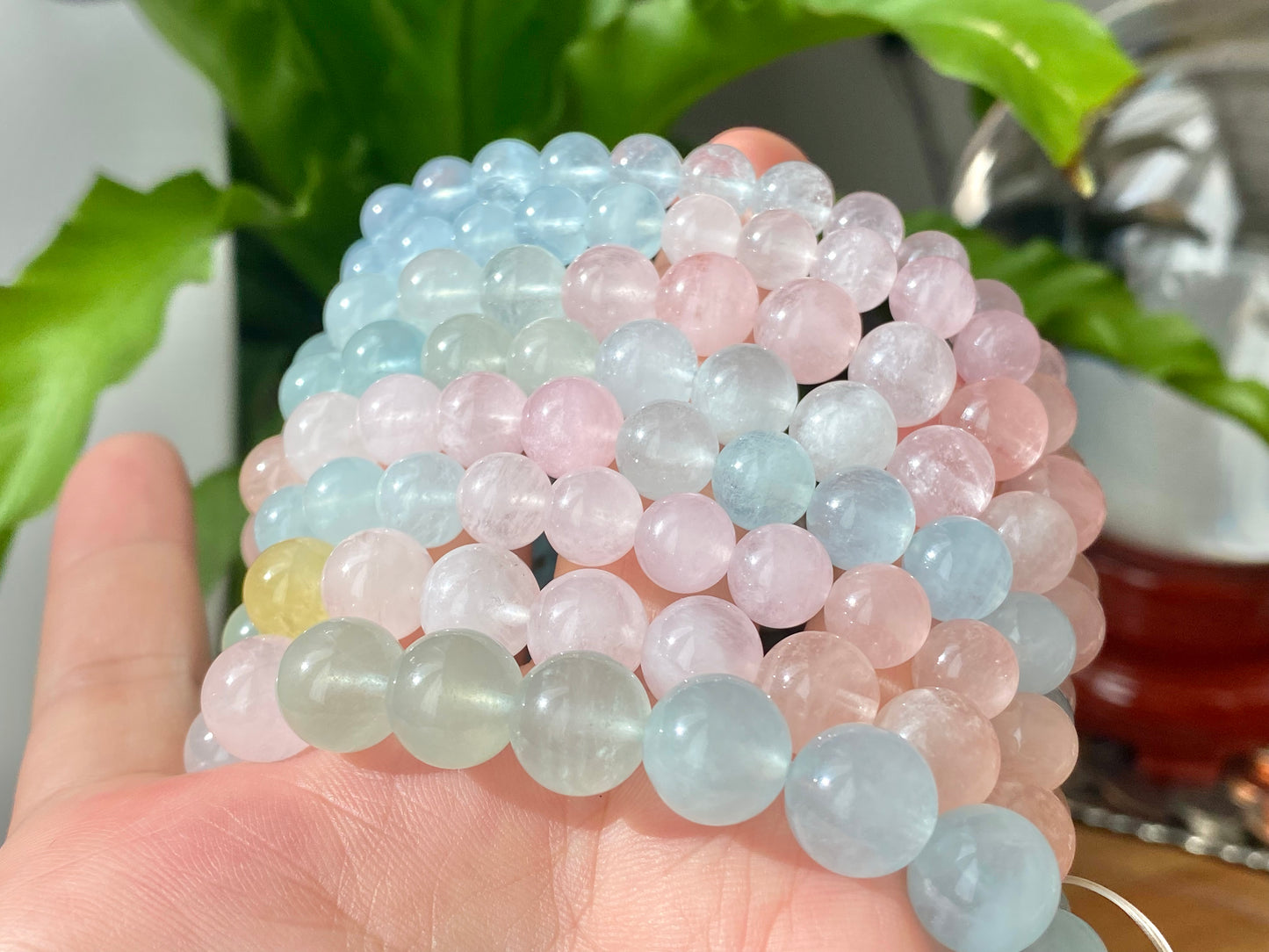 AAAAA Natural rainbow candy Morganite round shape gemstone compasion bracelet 8mm 9mm 10mm