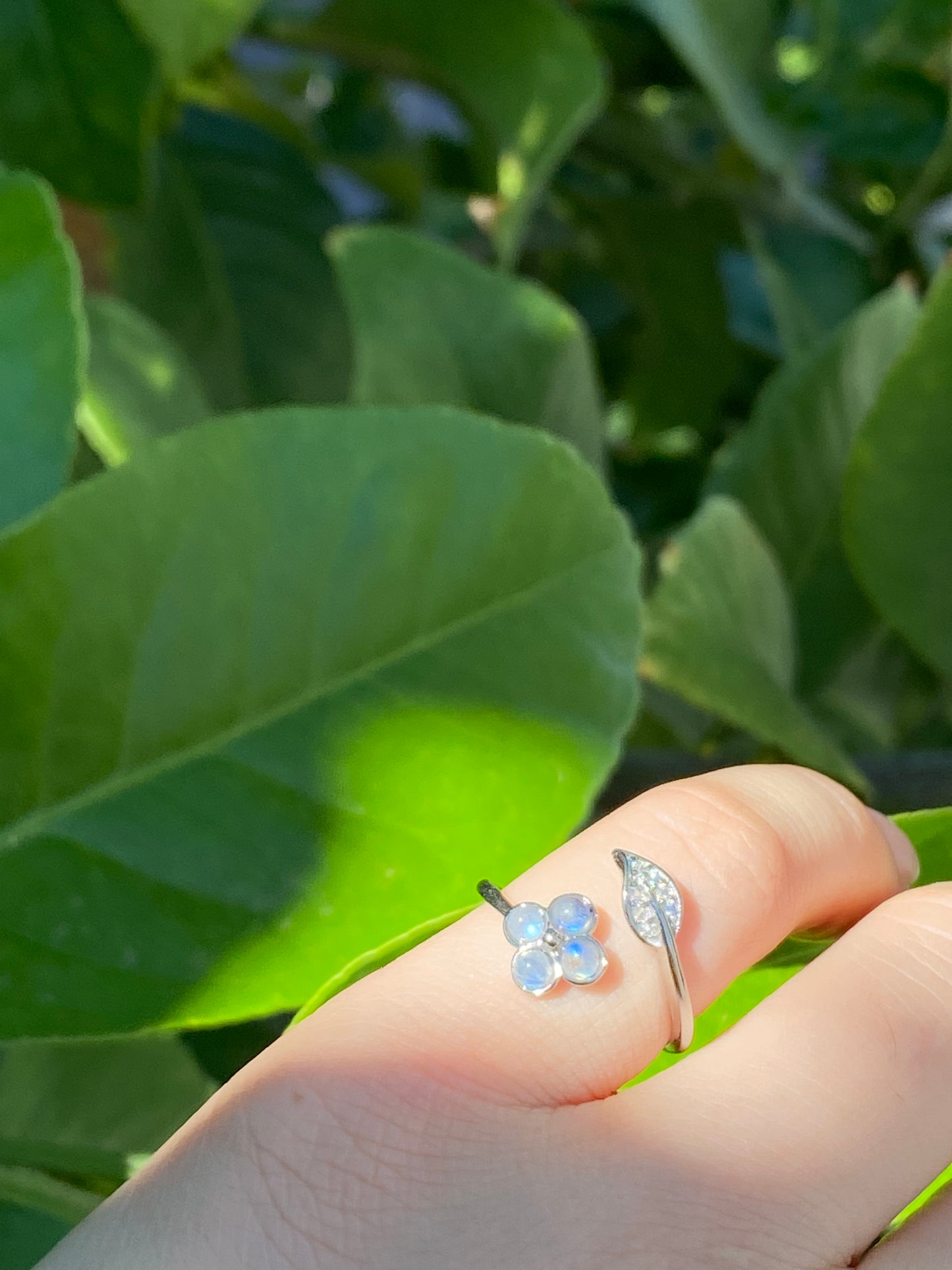 Nature labradorite four leaf clover zircon floral open ring