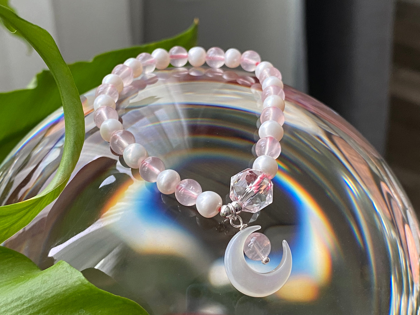 Love with Crescent Moon Rose Quartz freshwater pearls faceted clear quartz handmade bracelet, gift for her,Valentine gift