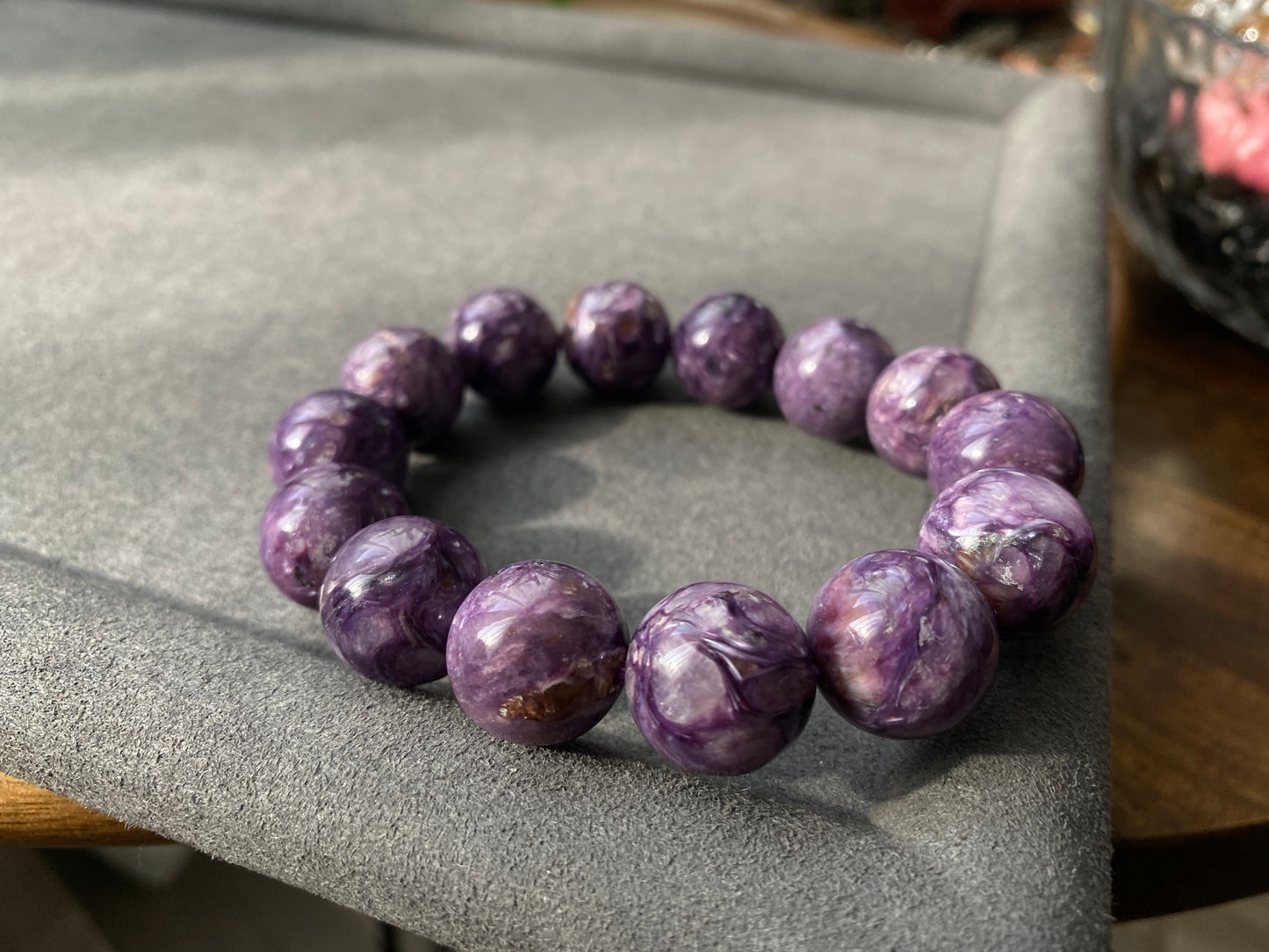 15mm Top Grade Genuine Natural High Grade Silk Shin Purple Charoite,Cat Eyes round Shape Beaded Bracelet