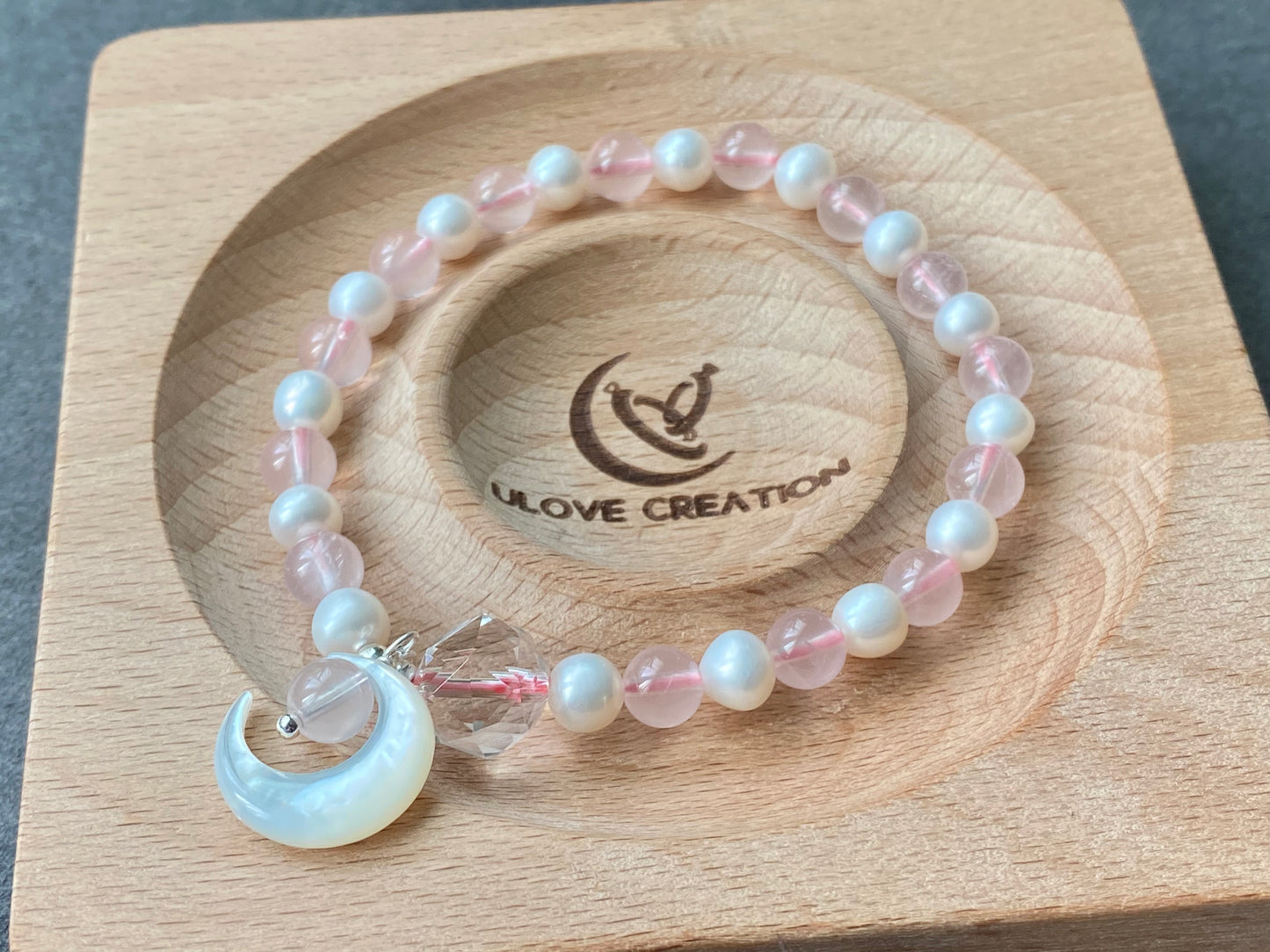 Love with Crescent Moon Rose Quartz freshwater pearls faceted clear quartz handmade bracelet, gift for her,Valentine gift