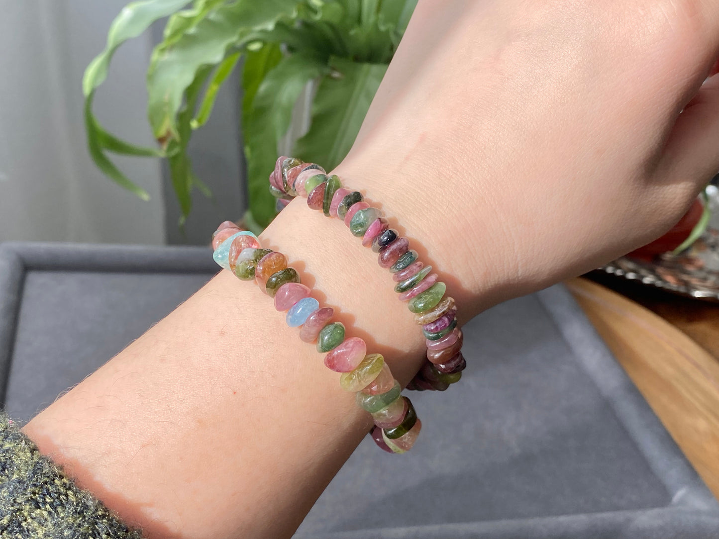 Natural watermelon Multi-color Raw puffy Tourmaline rock Gemstone  Bead Bracelet ,gift for her