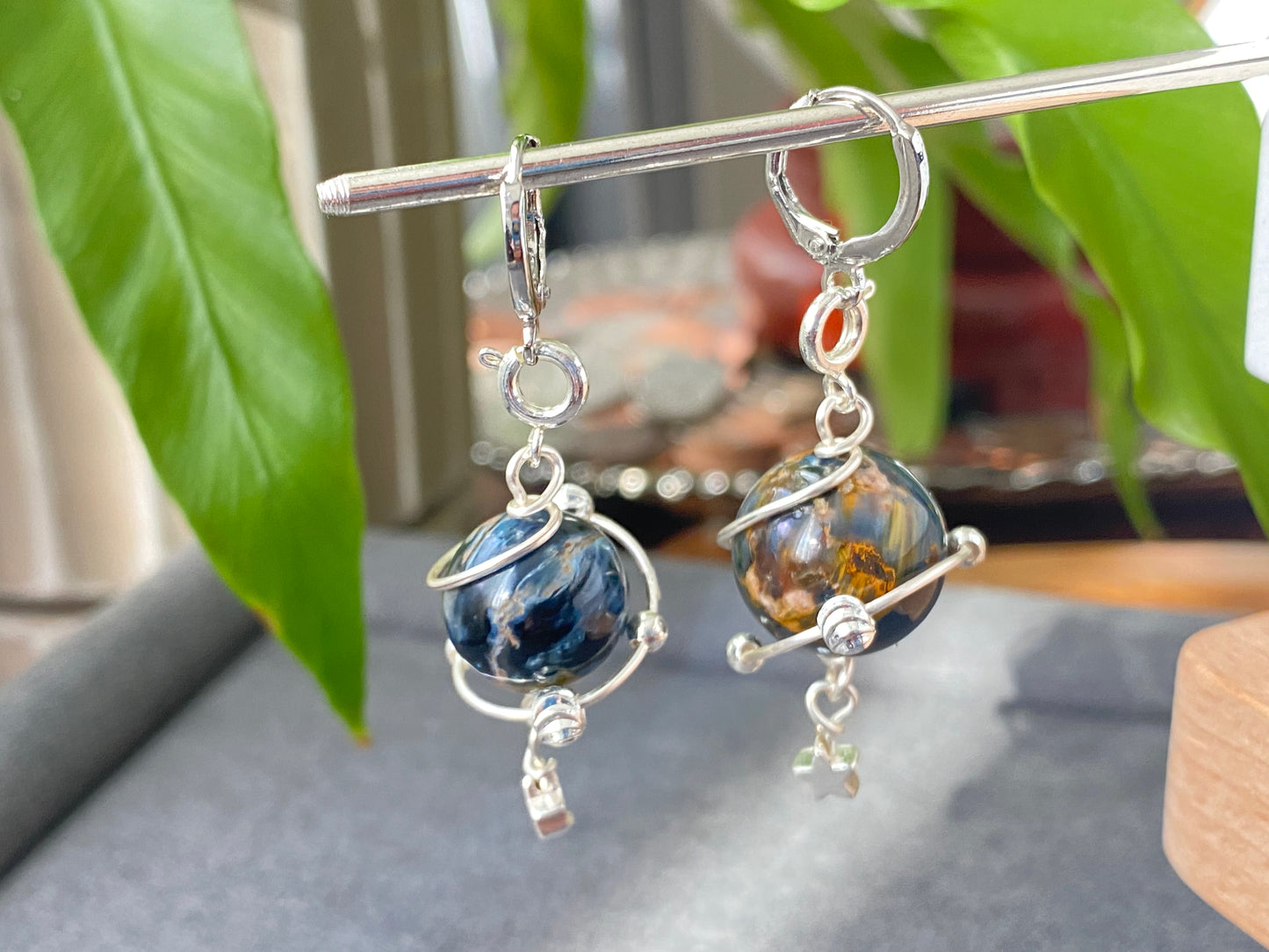 Natural High Grade Blue Pietersite flash lacy shinning Star 14K white gold wire Space planet Removable Earring Pendant